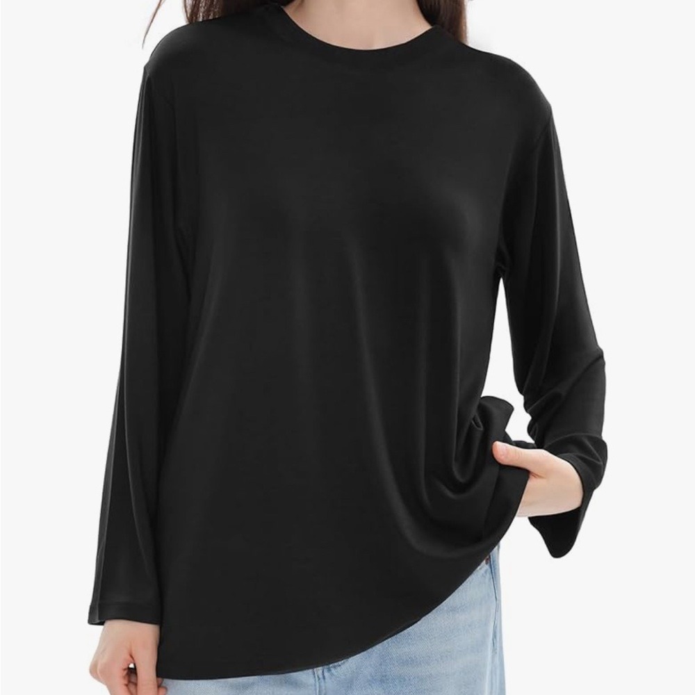 PUMIEEY Womens Long Sleeve Crewneck Top Jet‎ Black Large